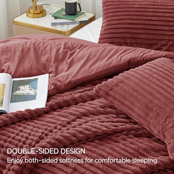 BEDELITE Fleece Twin Comforter Set -Super Soft & Warm Fluffy Burgundy Bedding, Luxury Fuzzy Heavy Bed Set for Winter with 1 Pillow case