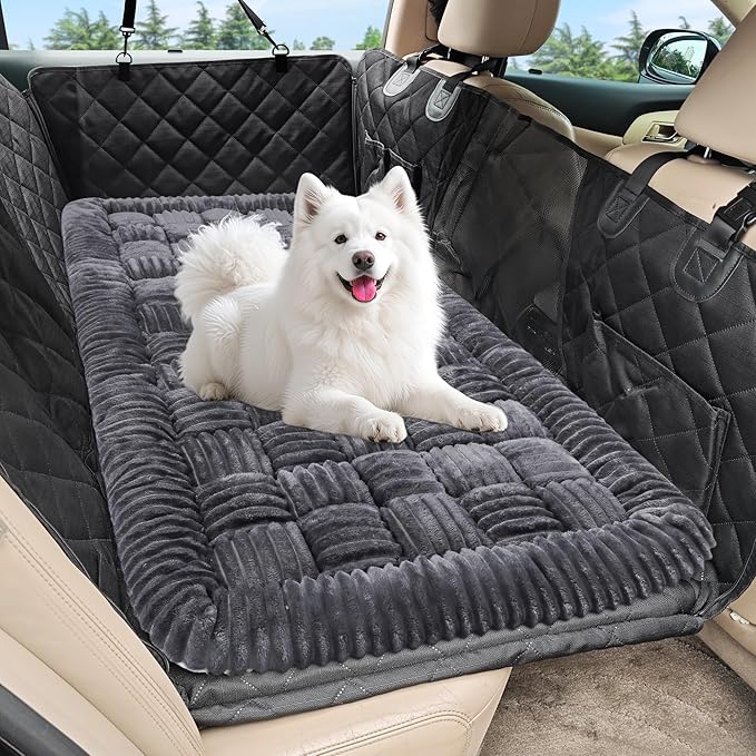 Dog Car Bed Mat, Non-Slip Backseat Extender Pet Blanket, Plaid Dog Bed for SUVs, Sedans & Trucks, Chew-Resistant Travel Pad for Dogs, Easy Clean & Scratch-Proof & Comfort (50"×24.6") Gray-Mewly Pet