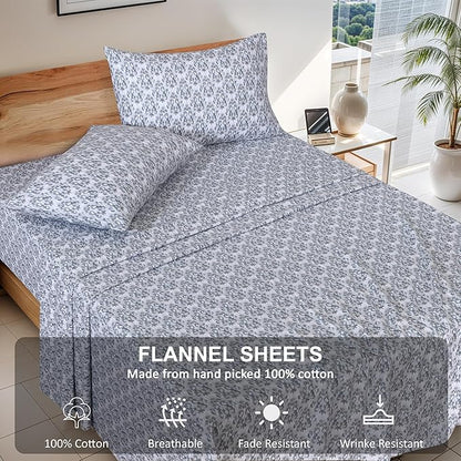 RUVANTI Flannel Sheets Full Size - 100% Cotton Double Brushed Bed Sheets Set, Deep Pockets 16 Inches, All Seasons Breathable & Extra Soft Full Sheets, Warm & Cozy, 4 Piece, Damask