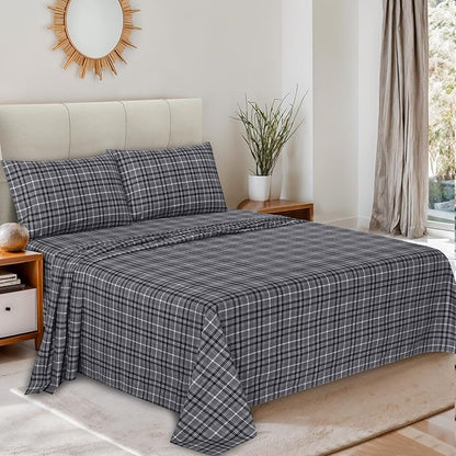 RUVANTI Flannel Sheets Twin XL Size - 100% Cotton Double Brushed Twin XL Sheet Sets, Deep Pockets 16 Inches, All Seasons Breathable & Extra Soft Bed Sheets, Warm & Cozy, 3 Piece, Grey Plaid