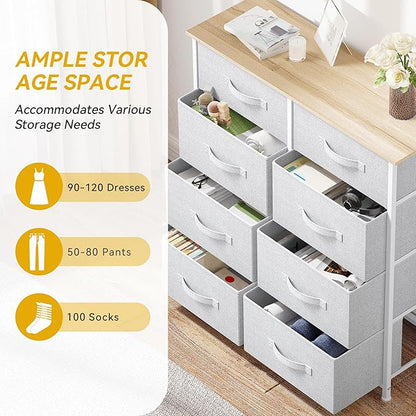 DWVO Fabric Dresser for Bedroom, Tall Dresser with 8 Drawers, Storage Tower with Fabric Bins, Chest of Drawers for Closet & Living Room - Sturdy Steel Frame, Wooden Top