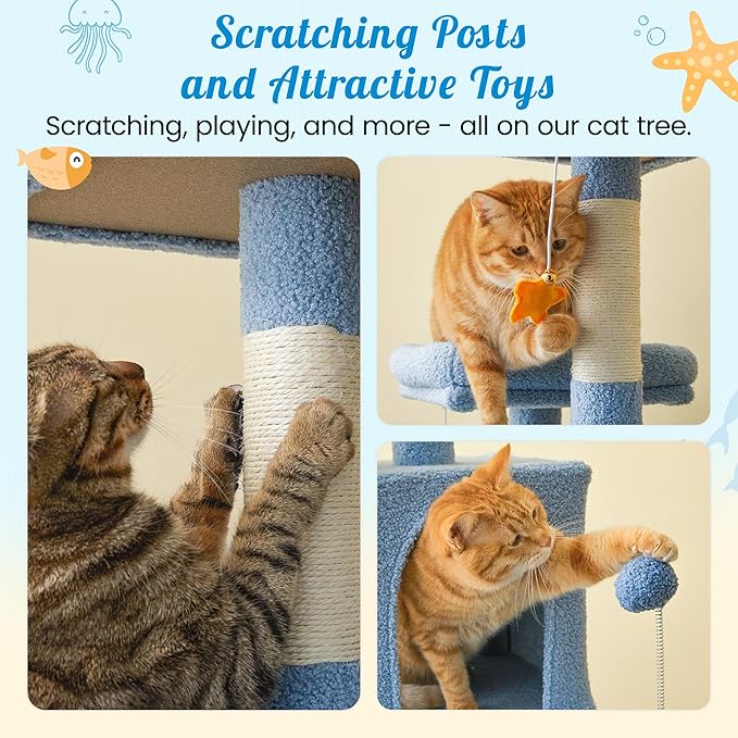 MWPO Ocean-Themed Cat Tree, 70.1-Inch Multi-Level Tall Tower for Indoor Cats, Plush Cat Condo with Big Padded Perches, Sisal-Covered Scratching Posts, Hammock, Toys for Kittens, Blue-Mewly Pet