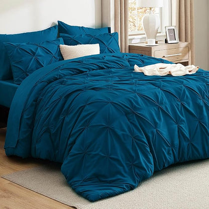 Bedsure California King Comforter Set Teal - Bed in a Bag Cal King Bedding Set 7 Pieces, GentleSoft™ Pintuck Bed Set Gift for Family, Pinch Pleat Teal Comforter with Sheets, Pillowcases & Shams