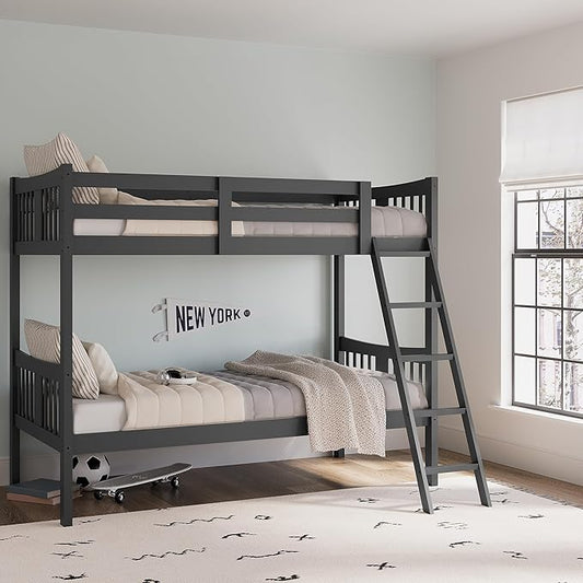 Storkcraft Caribou Bunk Bed Twin Over Twin Bunk Bed (Gray) - GREENGUARD Gold Certified, Twin Bunk Beds for Kids, Converts to 2 Individual Twin Beds, Bunk Beds for Kids