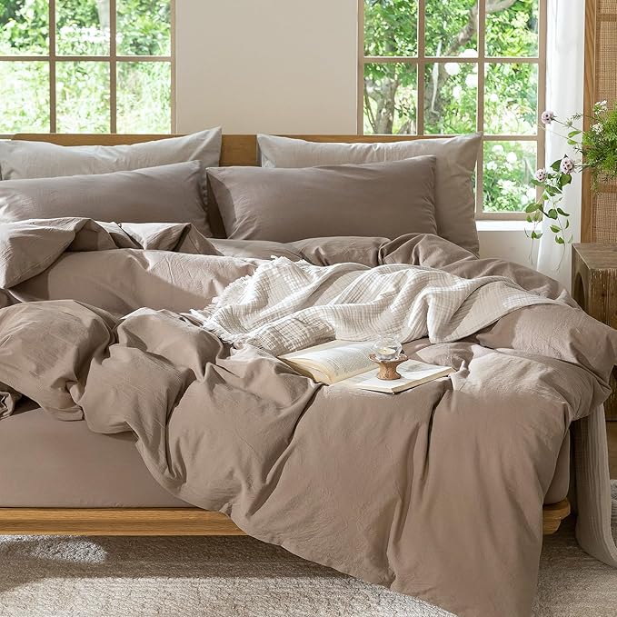 MooMee Bedding Duvet Cover Set 100% Washed Cotton Linen Like Textured Breathable Durable Soft Comfy (Solid Brown, Alaska King 132"x120")