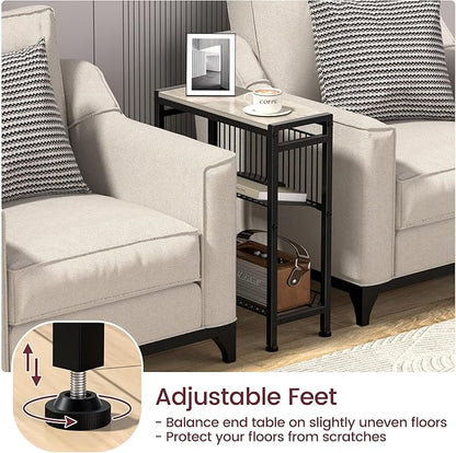 Narrow Side Table for Small Space, 3-Tier End Table with Magazine Holder, Slim Nightstand with Wire Shelf, Skinny Bedside Table in Living Room, Bedroom, Study, Kitchen and Balcony(Greige)