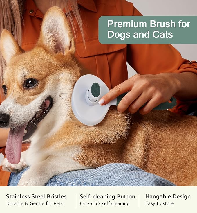 Pet Self-Cleaning Slicker Brush for Dogs & Cats, Deshedding Grooming Comb, Removes Loose Undercoat Hair & Mats, Skin-Friendly Massaging Tool for Long/Short Fur, Large & Small Breeds (Green)-Mewly Pet