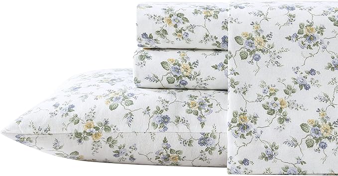 Laura Ashley - Flannel Sheets Twin Size, Anti-Pilling & Wrinkle Resistant Cotton, Touchably Soft for All-Season Comfort - Bed Sheets with Matching Pillowcase & Fitted Sheet (Le Fleur Cottage Blue)