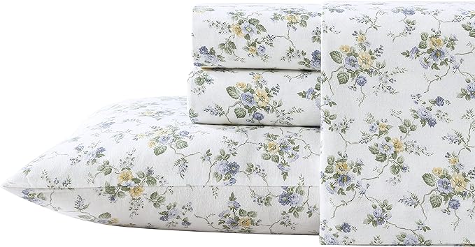 Laura Ashley - Flannel Sheets Full Size, Anti-Pilling & Wrinkle Resistant Cotton, Touchably Soft for All-Season Comfort - Bed Sheets with Matching Pillowcases & Fitted Sheet (Le Fleur Cottage Blue)