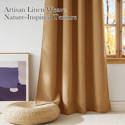 NICETOWN Short Faux Linen Gold Brown Blackout Curtains 63 inches Long for Kitchen - Privacy Panels for Living Room Bedroom, Modern Farmhouse Style Easy Care Grommet Top, 2 Panels, W42 by L63