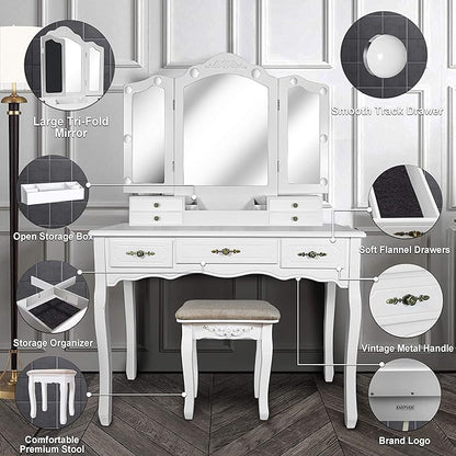 ENSTVER Vintage Vanity Desk with Mirror and Lights, Tri-Folding Mirrors, 6 Organization 7 Drawers Makeup Dress Vanity Table with Cushioned Stool-White