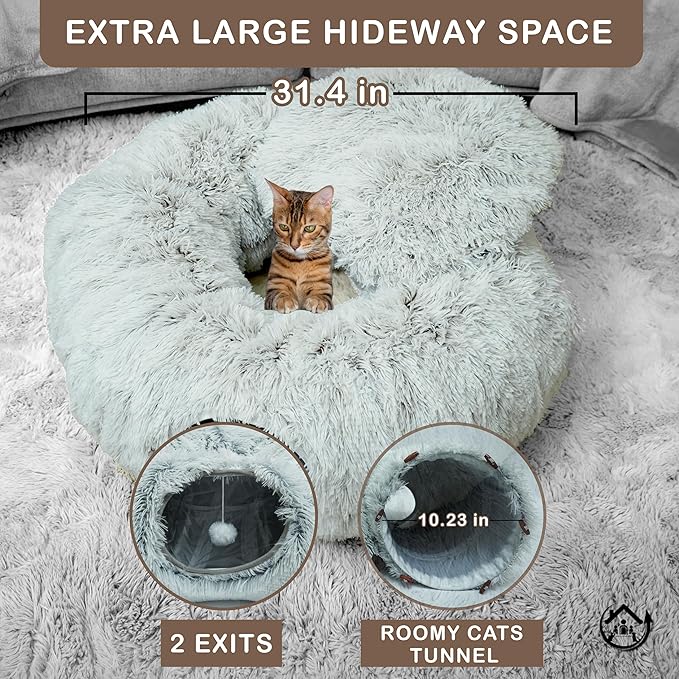 Large Cat Tunnel Bed for Indoor Cats Warm Fluffy Plush Cat Cave Tunnel Bed Collapsible, Washable, 3 Way and Multifunctional with Dangling Balls for Cats, Kittens and Rabbits- Brown-Mewly Pet
