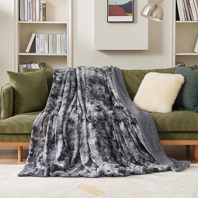 Bedsure GentleSoft Sherpa Fluffy Blanket Twin Size - Fleece Warm and Cozy Throw for Women Gift, Plush & Fuzzy Faux Fur Christmas Blanket for Couch, Sofa, Bed Decor, Tie Dye Design, Grey, 60x80 Inches