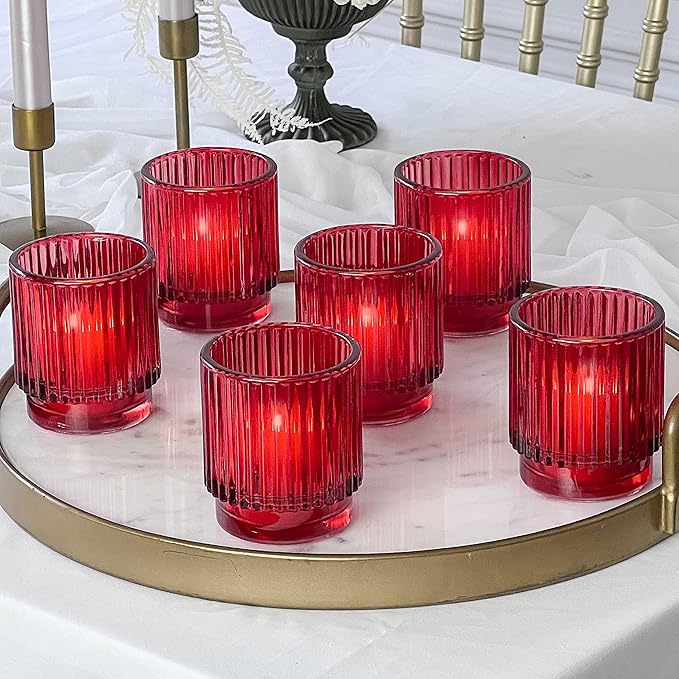 Kate Aspen Vintage Ribbed Red Glass Tealight & Votive Candle Holders (Set of 6), Fall Decor, Boho Decor, Shelf Decoration (27206RD)