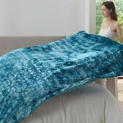 Bedsure GentleSoft Sherpa Fluffy Blanket Queen Size for Bed - Fleece Warm and Cozy for Women Gift, Plush & Fuzzy Faux Fur Christmas Blanket for Couch, Sofa Decor, Tie Dye Design, Teal, 90x90 Inches