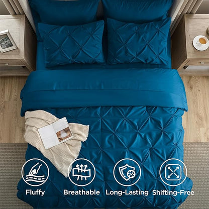 Bedsure Twin Comforter Set Teal - Bed in a Bag Twin Size Bedding 5 Pieces, GentleSoft™ Pintuck Bed Set Gift for Family, Pinch Pleat Teal Comforter with Sheets, Pillowcase & Sham