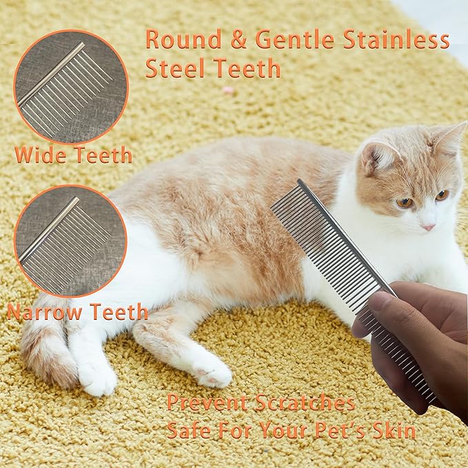 Cat Grooming Brush Kit 6 Tools - Deshedding & Dematting for Long/Short Hair, Self-Cleaning Slicker Brush with 6-in-1 Flea Comb for Cats & Kittens (Orange)-Mewly Pet