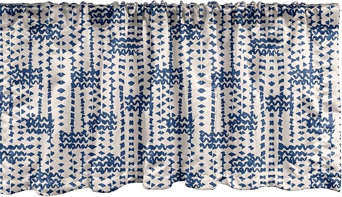 Ambesonne Ethnic Window Valance, Messy Waves and Small Triangles Indonesian Traditional Pattern Watercolors, Curtain Valance for Kitchen Bedroom Decor with Rod Pocket, 54" X 18", Navy Blue and Cream