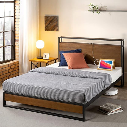 ZINUS Suzanne Bamboo and Metal Platform Bed Frame with Headboard Shelf and USB Ports, No Box Spring Needed, Wood Slat Support, Easy Assembly, King