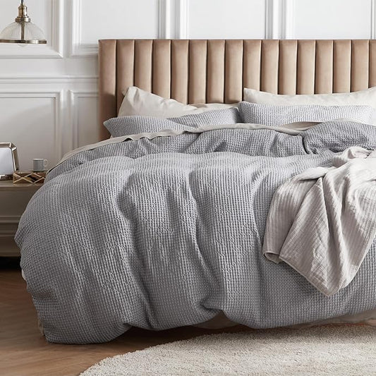 Bedsure Cotton Duvet Cover Set - 100% Cotton Waffle Weave Grey Duvet Cover Oversized King Size, GentleSoft™ and Breathable Bedding Set for All Season, 3 Pieces, 120"x98"