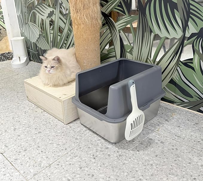 Litter Box with Lid, Stainless Steel Litter Box, 12" Metal Litter Pan High Sides, Small Litter Tray for Kittens, Cat Litter Tray Covered Grey, Easy Clean-Mewly Pet