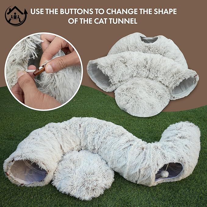 Large Cat Tunnel Bed for Indoor Cats Warm Fluffy Plush Cat Cave Tunnel Bed Collapsible, Washable, 3 Way and Multifunctional with Dangling Balls for Cats, Kittens and Rabbits- Brown-Mewly Pet