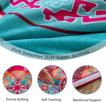 MAXYOYO Bohemian Style Futon Mattress, Padded Japanese Floor Mattress Quilted Bed Mattress Topper, Extra Thick Folding Sleeping Pad Breathable Floor Lounger Guest Bed for Camping Couch, Red, Twin