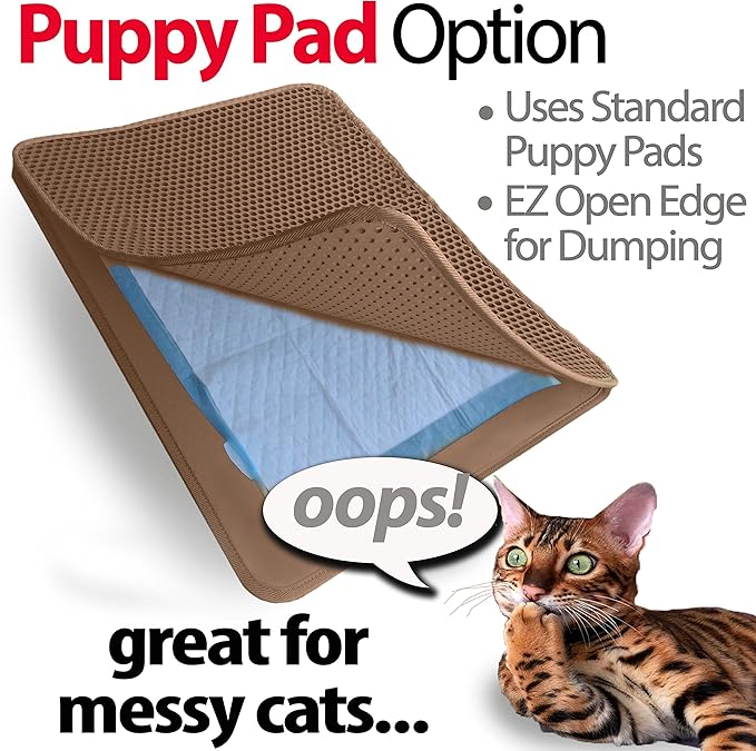 iPrimio Large Cat Litter Trapper Mat w/ Urine/Waterproof Layer - Larger Holes w/ Urine Puppy Pad Option - Cat Litter Mat, Light and Soft (Brown Color)-Mewly Pet