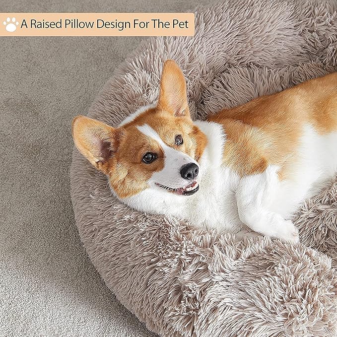 WNPETHOME Calming Dog Bed Cat Bed Donut, Faux Fur Pet Bed Self-Warming Donut Cuddler, Comfortable Round Plush Dog Beds (30 x 30 x 10 Inch, Brown)-Mewly Pet