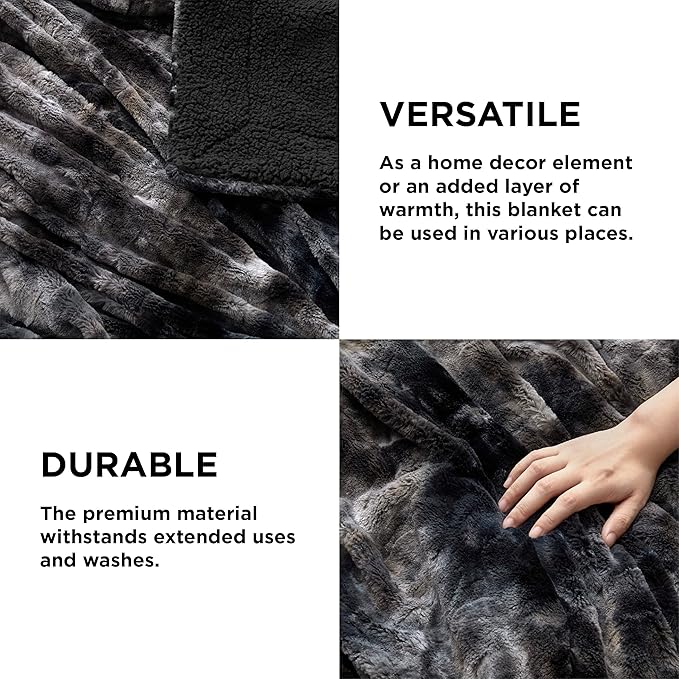 Bedsure GentleSoft Sherpa Fluffy Blanket Queen Size for Bed - Fleece Warm and Cozy for Women Gift, Plush & Fuzzy Faux Fur Christmas Blanket for Couch, Sofa Decor, Tie Dye Design, Black, 90x90 Inches
