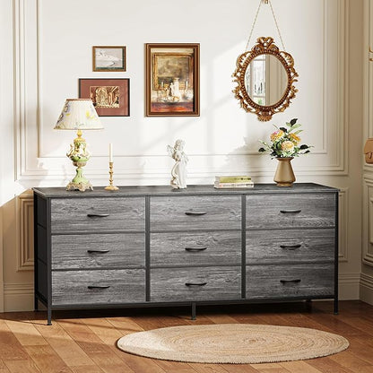 Huuger Long Dresser for Bedroom, 55 Inch TV Stand for 55, 60 Inch TV, Entertainment Center with Drawers, Large Storage Fabric 9 Drawer Dresser, Closet, Grey
