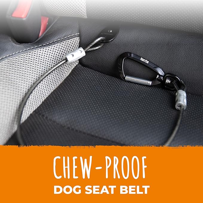 Mighty Paw Dog Seat Belt - Chew-Proof Metal Safety Restraint - Steel Braided Vehicle Tether - Rock Climbers Carabiner Included - Pet Car Leash Seat Belts - Dogs Car Safety Harness -Black, 40cm-Mewly Pet