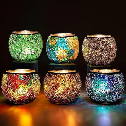 Rancco Glass Votive Candle Holder for Tealight, 6 Set Romantic Stained Mosaic Tealight Candle Holders, Handmade Cracked Aromatherapy Candle Lamp for Valentine, Party, Christmas Table Centerpiece Decor