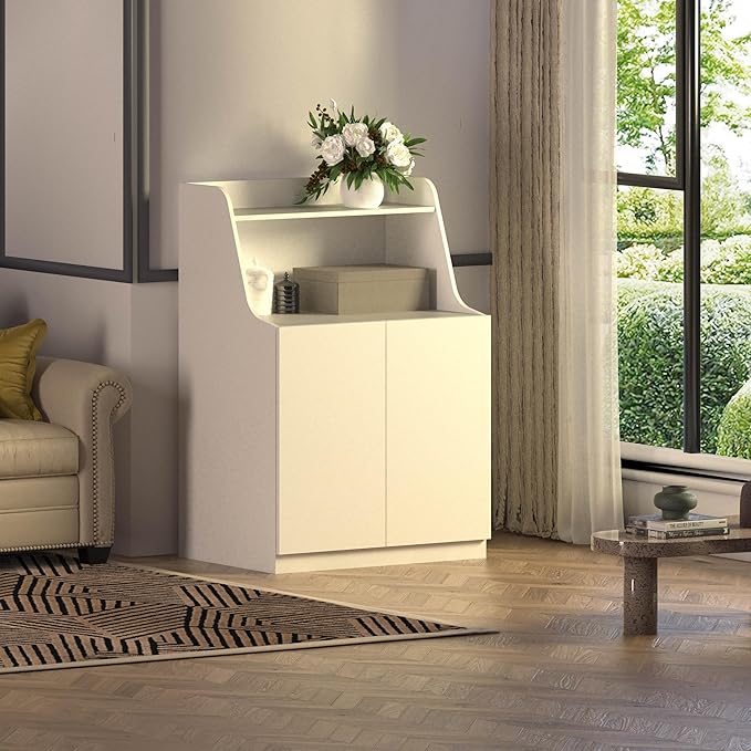 Large/Tall Litter Box Enclosure, Modern Wooden Litter Box Furniture for XL Litterbox with Open Shelf as Sideboard Cabinet (White)-Mewly Pet