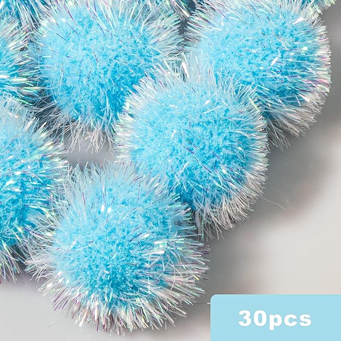 VAPKER 30 Pcs Cat Ball Toys Sparkle Balls Extra Large 2 Inch Cat's Favorite Chase Glitter Ball Glitter Tinsel Pom Poms Balls Light Blue Color-Mewly Pet