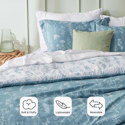 Bedsure California King Comforter Set - Mineral Blue Bed Set, 3 Pieces Cute Floral Bedding, 1 Soft Reversible Botanical Flowers Comforter and 2 Pillow Shams
