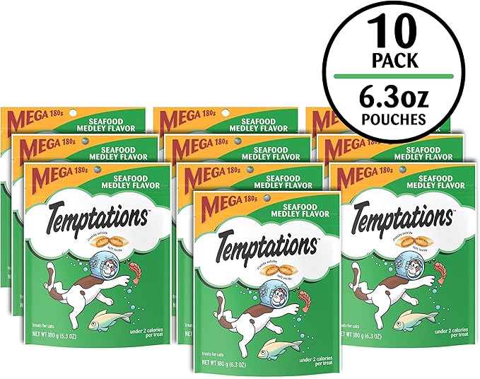 Temptations Classic Crunchy and Soft Cat Treats, Seafood Medley Flavor, 6.3 oz. Pouch (Pack of 10)-Mewly Pet