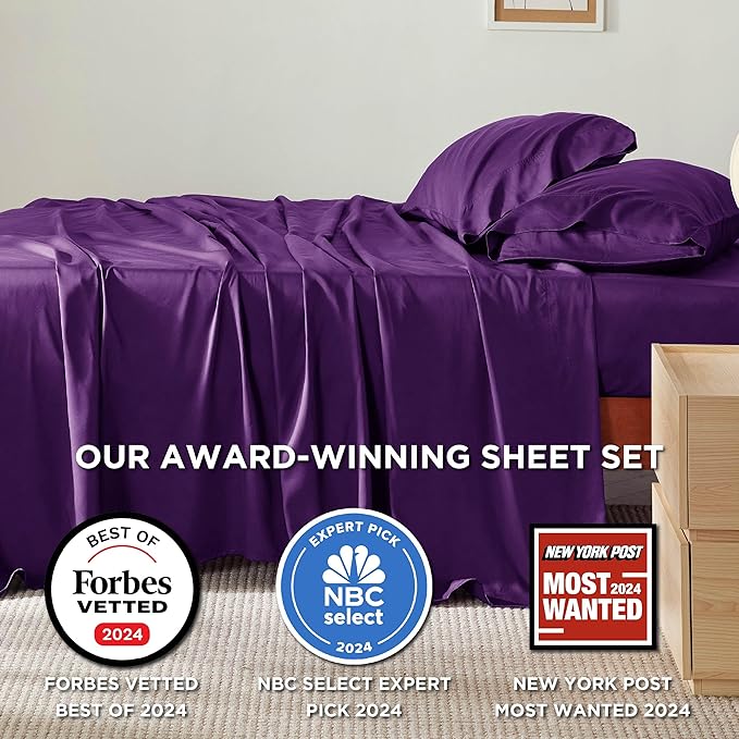 Bedsure Queen Sheet Set, Rayon Derived from Bamboo, Cooling Sheets, Breathable & Soft, Deep Pocket Up to 16 Inches, Hotel Luxury Silky Bedding for Hot Sleepers, Plum