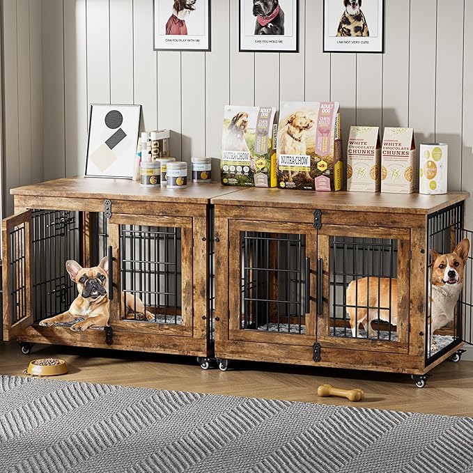 Lulive Dog Crate Furniture Set of 2, Dog Kennel Indoor Double Doors Wooden Dog Cage, 32'' Heavy Duty Dog Crate with Cushion & Wheels, End Table Pet House Chew-Resistant Up to 45 lb, Rustic Brown-Mewly Pet