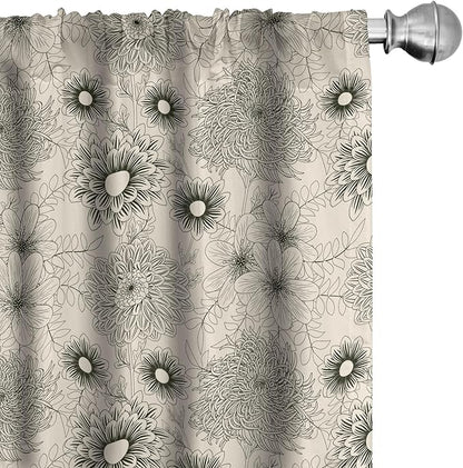 Ambesonne Dahlia Curtains, Vintage Style Garden Flower Sketches of Dahlia and Chrysanthemum Botany Theme, Window Treatments 2 Panel Set for Living Room Bedroom, Pair of - 28" x 84", Beige Black