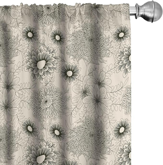 Ambesonne Dahlia Curtains, Vintage Style Garden Flower Sketches of Dahlia and Chrysanthemum Botany Theme, Window Treatments 2 Panel Set for Living Room Bedroom, Pair of - 28" x 84", Beige Black
