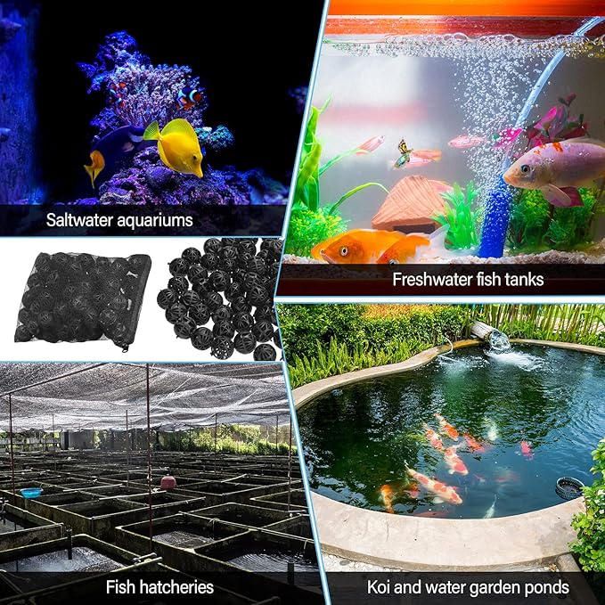 CHENGU 300 Pieces Black Bio Balls for Aquarium 1.02 Inch Internal Bioballs with 5 Pieces Aquarium Filter Media Bags with Zipper for Fish Tank Pond-Mewly Pet