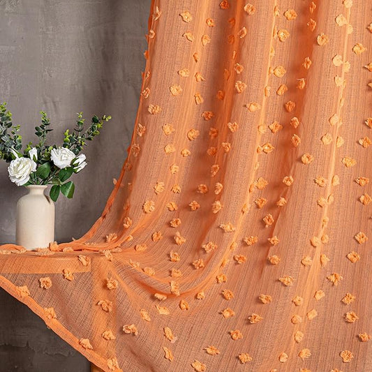 MYSKY HOME Pom Pom Orange Sheer Curtains for Bedroom Girls Room Curtains 84 Inches Long for Nursery Kids Light Filtering Boho Window Drapes, Rod Pocket, 38" Wide, 2 Panels