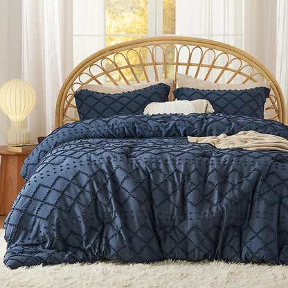 Bedsure Queen Comforter Set - Navy Blue Comforter, Boho Tufted Shabby Chic Bedding for Kids, 3 Pieces Vintage Farmhouse Bed Set for All Seasons, Fluffy Soft Bedding with 2 Pillow Shams