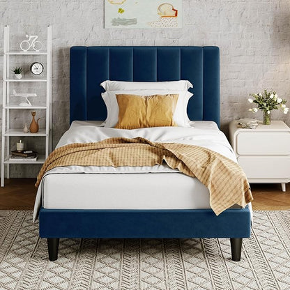 Allewie Twin Bed Frame/Velvet Upholstered Bed Frame with Vertical Channel Tufted Headboard/Strong Wooden Slats/Platform Bed Frame/Mattress Foundation/Box Spring Optional/Easy Assembly/Navy Blue