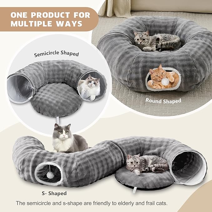 Bubble Cat Tunnel for Indoor Cats, Round Peekaboo Cave Toy with Dangling Balls, Donut Tunnel Bed with Circle Mat for Puppy Kitten Rabbit, Grey-Mewly Pet