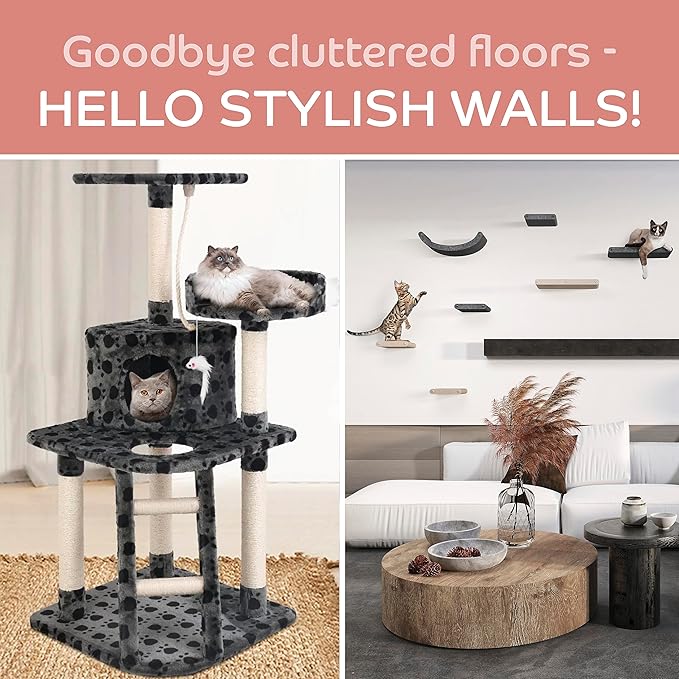 Wall Mounted Cat Steps Short Shelves (2) by Pryde Pets - Stairs for Walkways, 100% Sustainable PET Felt Feline Enrichment Climber Furniture for Indoor Cats, Modern Climbing Gym Design (Charcoal)-Mewly Pet