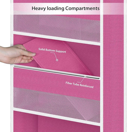 Univivi 5-Shelf Fabric Door Storage Over Door Hanging Organizer with 4 Large Pockets and 3 Small PVC Pockets Nursery Closet Cabinet Wall Mount Hanging Storage Organizers for Baby Nursery (Pink)