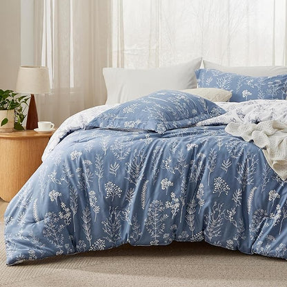 Bedsure Queen Comforter Set - Infinity Blue Bed Set, 3 Pieces Cute Floral Bedding, 1 Soft Reversible Botanical Flowers Comforter and 2 Pillow Shams