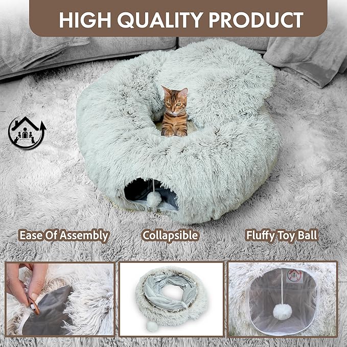 Large Cat Tunnel Bed for Indoor Cats Warm Fluffy Plush Cat Cave Tunnel Bed Collapsible, Washable, 3 Way and Multifunctional with Dangling Balls for Cats, Kittens and Rabbits- Brown-Mewly Pet